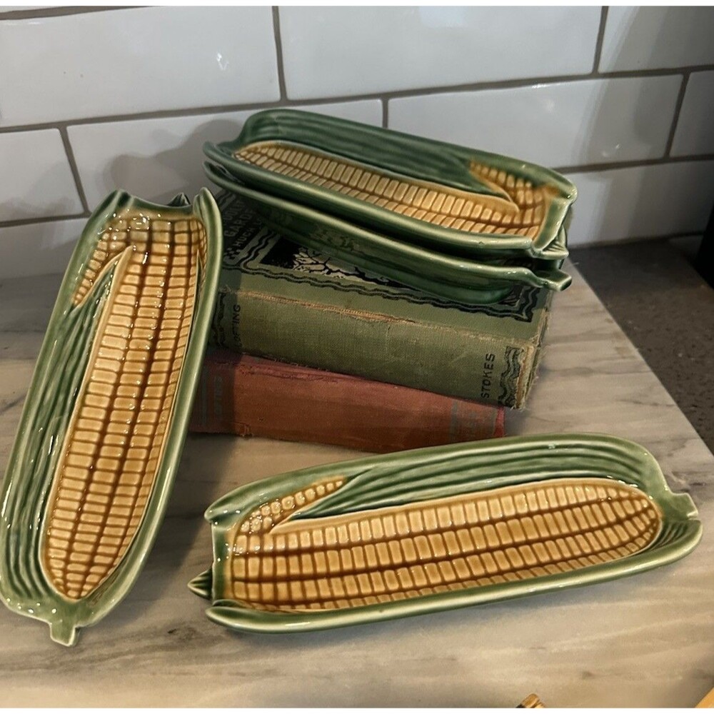 Bordallo Pinheiro Green Corn on the Cob Holders Made in Portugal Vintage Set of4